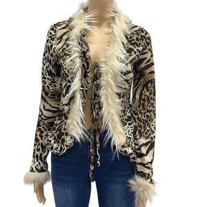 Leopard Print Faux Fur Long Sleeve Tie Front Ruffle Lightweight Cardigan Top M